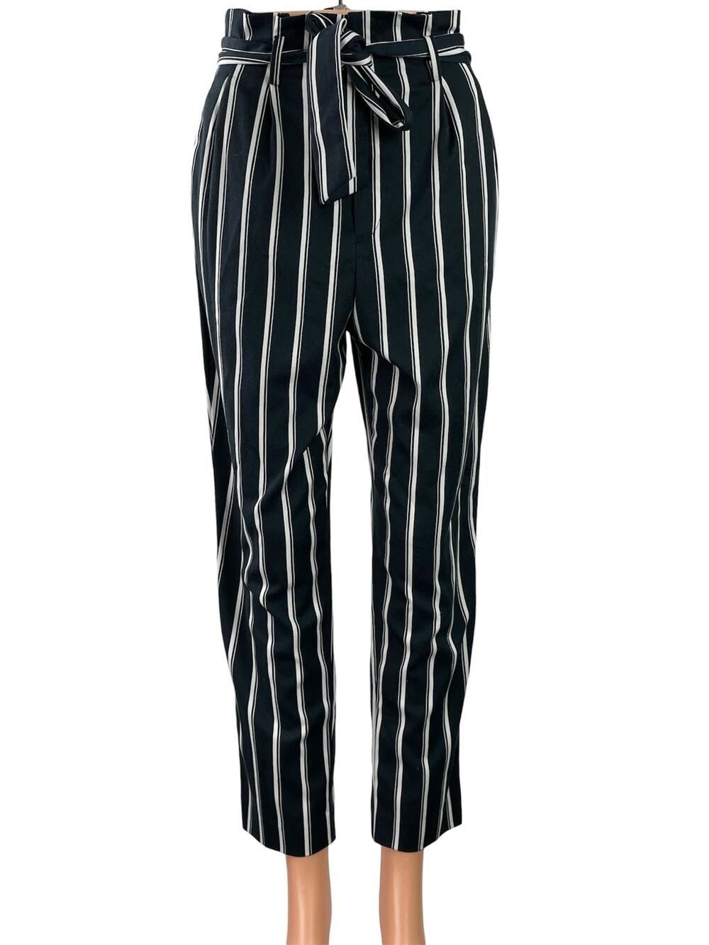 H&M Women's Black White Striped Tie Waist Belt Paperbag Trousers Pants Size 4